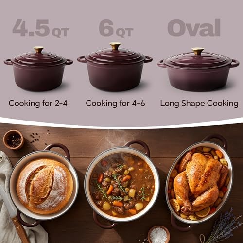 Vintage Style 6 Quart Dutch Oven Pot with Lid, Non Stick Enameled Cast Iron Dutch Oven for Bread Baking, Heavy-Duty, Oven Safe Ceramic Cookware Up to 500°F for Baking, Braising, Stews, Roasting, Fig - Image 3