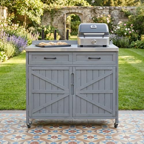 39.4" Outdoor Kitchen Island with Drawer and Stainless Top, Grey Blue - Image 4