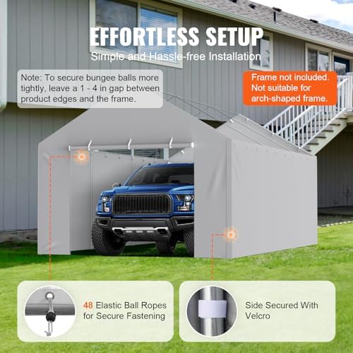 VEVOR Carport Replacement Canopy Cover Side Wall 12 x 20 ft, Garage Tent Shelter Tarp Heavy-Duty Waterproof & UV Protected, Easy Installation with Ball Bungees,Grey (Top and Frame Not Included) - Image 5