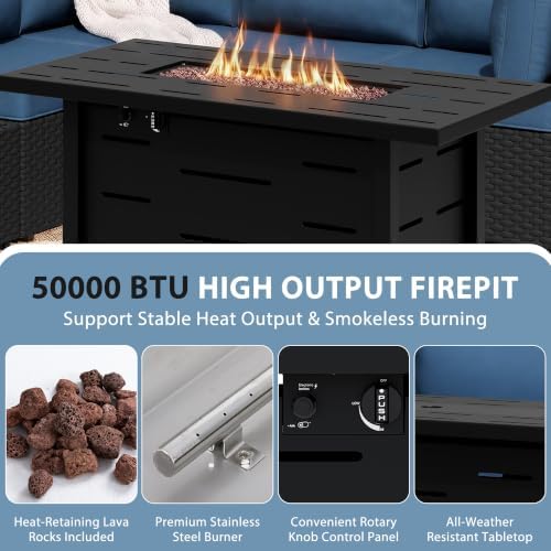Shintenchi 8 Piece Outdoor Patio Furniture Set with 43 Inch Propane Fire Pit, Washable Cushions, Glass Coffee Table, Waterproof Cover & CSA Certified for Backyard Poolside, Black PE Rattan/Navy Blue - Image 5