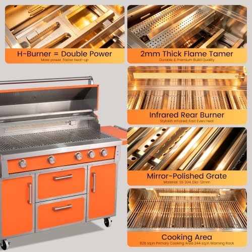49" Stainless Steel Propane Gas Grill, 4 Burners & Infrared Burner, Orange - Image 6