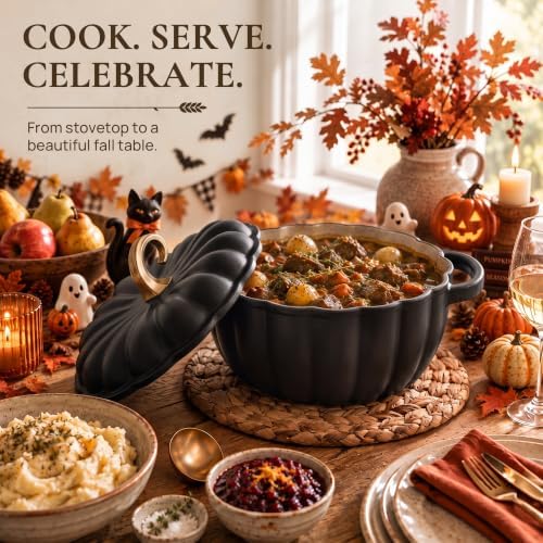Overmont Pumpkin Enameled Cast Iron Dutch Oven with Lid,4.5 QT,Black - Image 6