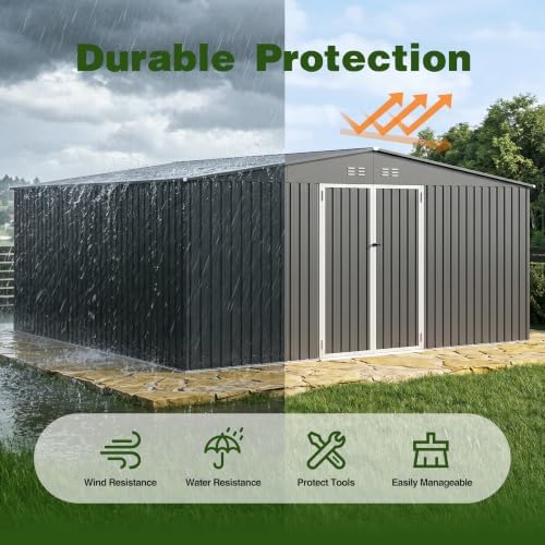 14 x 12 FT Outdoor Storage Shed, Heavy-Duty Galvanized Steel Tool Shed with Reinforced Frame, 2 Magnetic Light, Lockable Double Door & Side Vents for Backyard Large Equipment, Dark Gray - Image 7