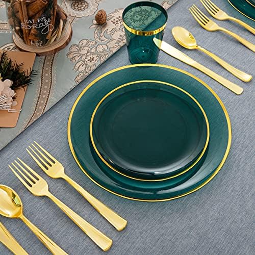 LIYH 180 Pcs Clear and Green Gold Plastic Christmas Plates - Emerald Green Disposable Plastic Dinnerware Sets, Include Dishes, Tableware, Cups for Party & Christmas & Wedding 30 Guests - Image 5