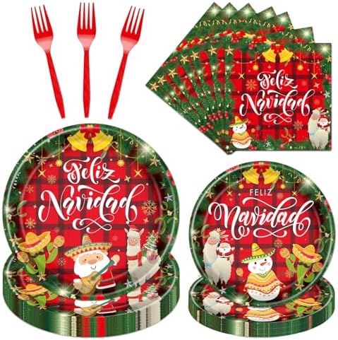 Feliz Navidad Party Decorations Tableware, 96PCS Mexican Christmas Glitter Disposable Paper Plates and Napkins Decoration, Spanish Feliz Navidad Forks Decor Supplies for 24 Guest by Deorfuy