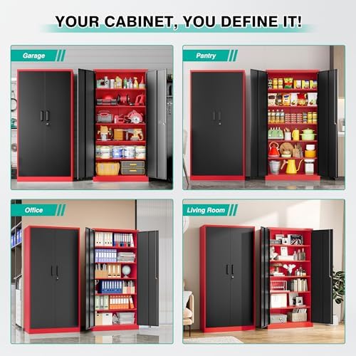 6 Tier Garage Storage Cabinet with 5 Adjustable Shelves,Metal Storage Cabinet with Lock,Red Black Metal Cabinet with Locking Doors,Steel Locker,71" Lockable Storage Cabinets for Home,Office,Garage - Image 5