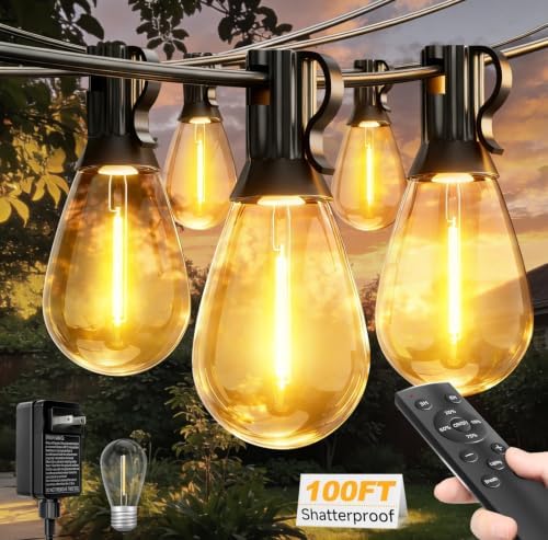 100FT Outdoor String Lights 35 Bulbs with Remote Dimmable Timer Flashing by Tenmiro