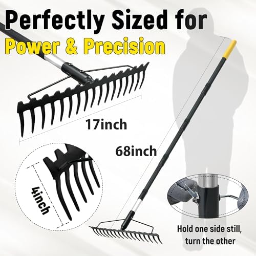 Bow Rake, 68-Inch Adjustable Handle Garden Rake with 17 Steel Tines, Heavy Duty Dual-Sided Metal Rake Landscape Gardening Tool for Soil Loosening Lawn Yard Leaves Mulch Thatch Removing - Image 2