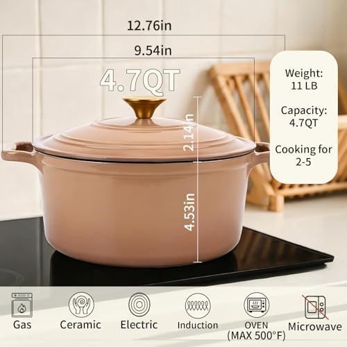 Enameled Cast Iron Dutch Oven with Lid&Silicone Grip, Round Casserole Pot for Bread Baking, Braising, Roasting,Stews,Heavy-Duty Baking Pan,Oven Safe, Induction Compatible (4.7QT,Mocha) - Image 3