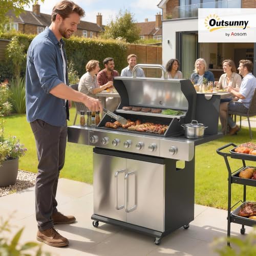 Outsunny 6 Burner Propane Gas Grill 63,000 BTU with Side Burner Wheels - Image 2