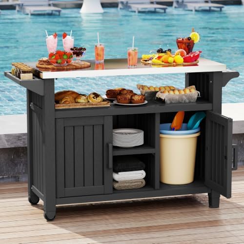 Bifanuo Outdoor Grill Table Grill Cart with Stainless Steel Top & Storage Cabinet for Food Prep and Storage, Portable and Durable with Wheels(Black) by Bifanuo