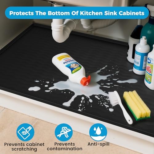 URMONA 28'' x 22'' Waterproof Silicone Under Sink Mat Cabinet and Counter Protector, Shelf Liner for Kitchen and Bathroom, Storage and Organizers, Litter Mat, Pet Cat Puppy Essentials(Khaki) - Image 4
