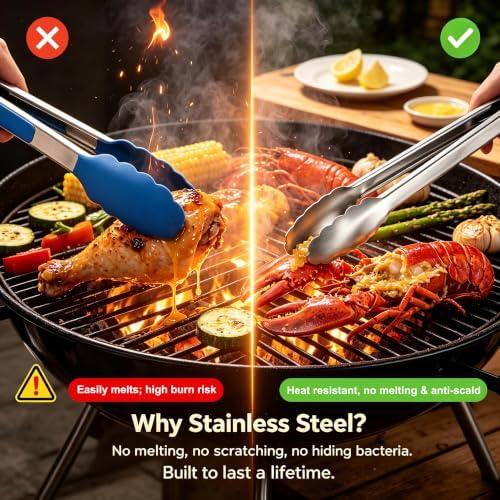 Stainless Steel Cooking Tong Set - 12" & 9" Locking Kitchen Tongs - Image 4
