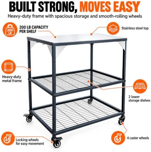 3-Tier Rolling Utility Grill Cart with Wheels, Stainless Steel - Image 2
