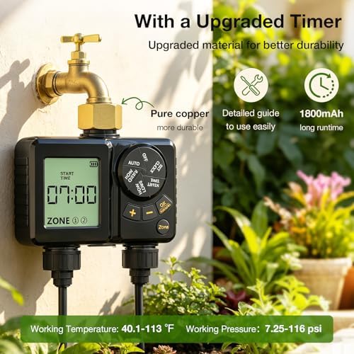 MIXC 1/4" 99Ft Drip Irrigation System with Rechargeable 2-Zone Water Timer, Automatic Garden Watering Kit with 16pcs 360°Adjustable Brass Nozzles & Bendable Rod,for Raised Bed,Potted Plant,Greenhouse - Image 2