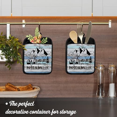 Camping Camper RV Gifts Pot Holders with Pockets, Go Where You Feel Most Alive Pot Holders Heat Resistant Oven Mitts Hot Pads for Campsite RV Kitchen Baking Cooking - Image 3