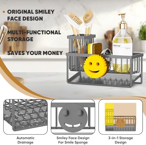Sponge Holder for Kitchen Sink,Smiley Face Sink Caddy with Removable Brush Holder,Self-Draining Sponge Caddy for Soap,Dish Brush,Scrubber,Kitchen Essentials and Gadgets-Charcoal Gray - Image 3