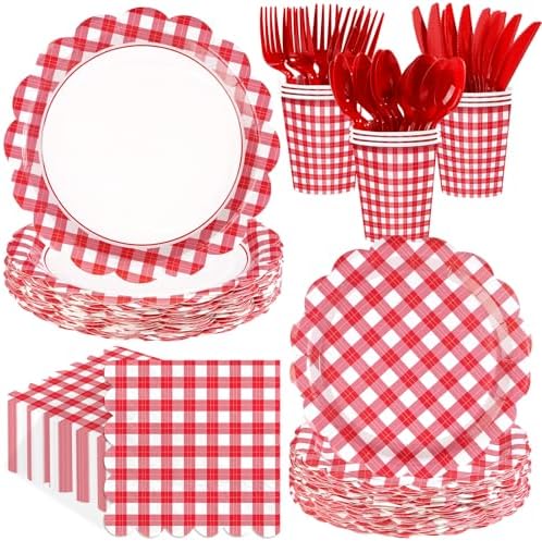 168 Pcs Red Gingham Checkered Party Decorations, Serves 24 by Greencian