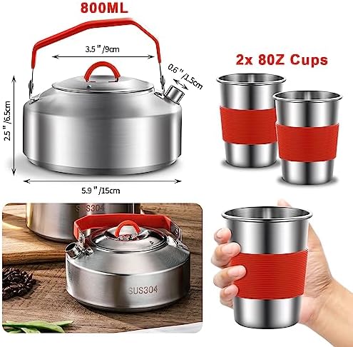 304 Stainless Steel Camping Cookware Set - Mess Kit with Pots, Pans, Kettle, Plates, Forks, Knives, Spoons for 2 People, Perfect for Camping, Picnic, RVs - Image 5