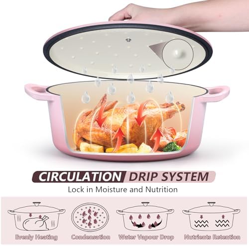 P&P CHEF Oval Dutch Oven with Lid, Enameled Cast Dutch Oven Pot for Bread Baking, Braising, Stewing, Roasting, Non-Stick & Oven Safe, Dual Handles & Easy Clean, 7QT & Pink, Valentine's Day - Image 4