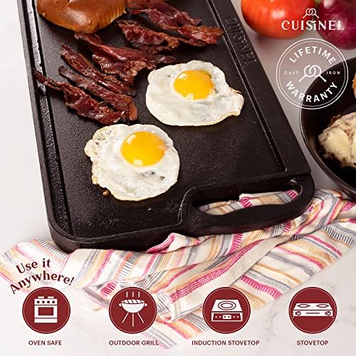 Cuisinel Cast Iron Griddle/Grill + Scraper/Cleaner - Reversible Pre-Seasoned 20" X 10"-inch Dual Handle Flat Skillet and Griller Pan + Cleaning Accessories - Indoor/Outdoor Stove Top Burner, Gas Safe - Image 4