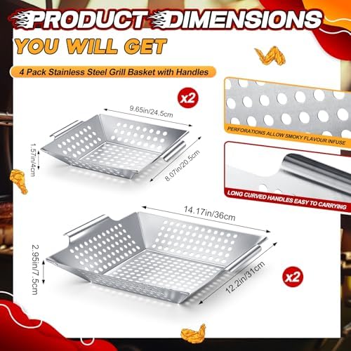 Mifoci 4 Pcs Grill Baskets for Outdoor Grill 14.17'' 9.65'' Extra Large Heavy Duty Stainless Steel Vegetable Grilling Basket with Handles for Veggies BBQ Accessories Smokers Camping Men Gifts, 2 Sizes - Image 2