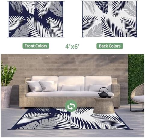 GENIMO Outdoor Rug, Waterproof Plastic Rugs for Patio, 4'x6' Blue White - Image 2