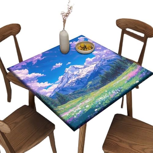 Outdoor Table Cloths with Elastic, Mountain Majesty Pattern Printed on Stain Resistant Fitted Table Cover Square, Perfect for Meals Coffee Guest Dinners, Fit for 52" x 52" Square Tables by JRBSZMI2