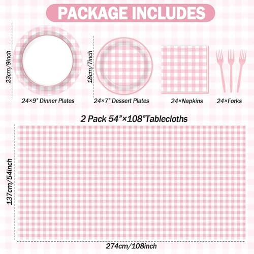 98 Pieces Pink checkered Party Supplies for 24 Guests Pink and White Checkered Tableware Set Plaid Plates Napkins Tablecloth Party Decorations for Birthday Barbecue Picnic Dinner Favors - Image 2