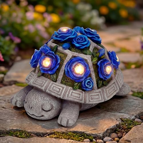 Solar Garden Outdoor Decor Turtle Statue, Dark Blue Roses & 7 LED Lights by Snclriao