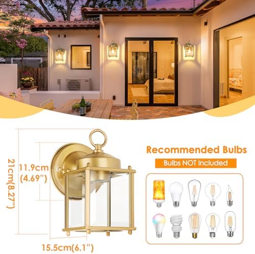 MATAMEYE Outdoor Wall Lantern, Exterior Waterproof Wall Sconce Light Fixtures, Gold Front Door Lighting with Clear Beveled Glass Shade, 2 Pack - Image 2