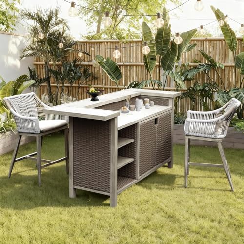 Outdoor Bar Table Set of 3 with 2 Stools, Wicker, Aluminum, Gray - Image 4