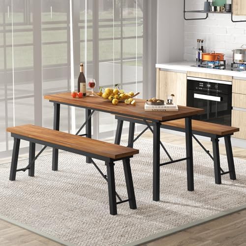 Tangkula Outdoor Dining Table With Benches for 4-6 Persons, No Assembly Foldable 59 Inches Narrow Patio Dining Table with Acacia Wood Top & Heavy Duty Metal Frame, for Yard, Garden, Poolside or Indoor - Image 3