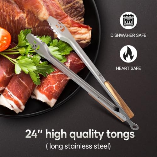 XUDAKAIXIN 24-Inch Very Long Stainless Steel BBQ Tongs with Extended Luxurious Acacia Handle – Durable and Easy-to-Clean Grilling Tool for Cooking, Kitchen Use, and Outdoor Barbecues - Image 2