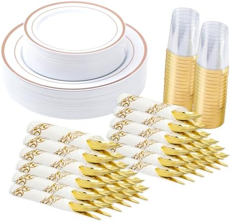Fijinhom 175 Pcs Rose Gold Plastic Plates for 25 Guests, Disposable Plates by Fijinhom