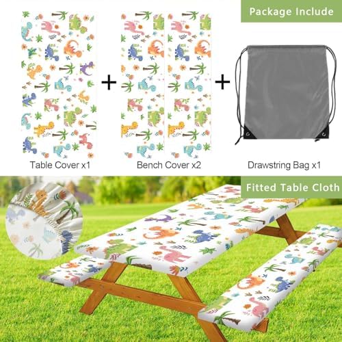 Funny Dinosaur Picnic Table Cover with Bench Covers and Bag, Camping Essentials, Animal Waterproof Windproof Fabric, Fitted Tablecloth Cover with Elastic Edge, for Indoor & Outdoor, 3 PCS, 30x72 Inch - Image 7