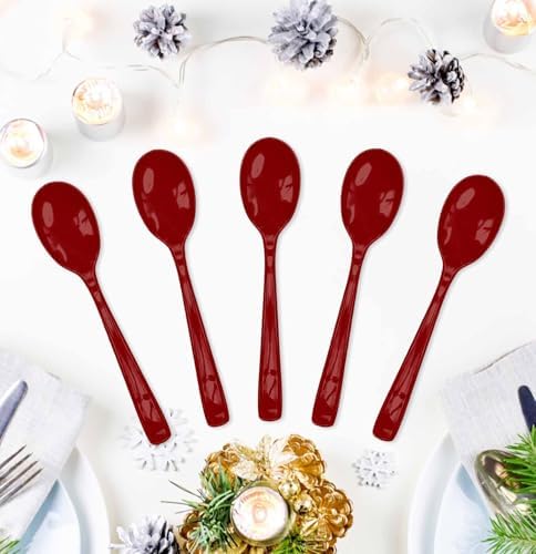 SietDESEO 25 PCS Burgundy Plastic Spoons Disposable Utensils Heavy Duty Burgundy Spoons Disposable Cutlery for Birthday Wedding Baby Shower Bridal Shower Plastic Silverware - Image 3