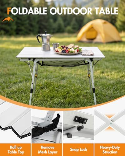 Portal Outdoor Folding Portable Picnic Camping Table with Adjustable Height Aluminum Roll Up Table Top Mesh Layer, Silver - Image 6