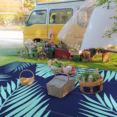 GENIMO Outdoor Rug, Waterproof Plastic Rugs 10'x14' for Camping Blue Green - Image 3