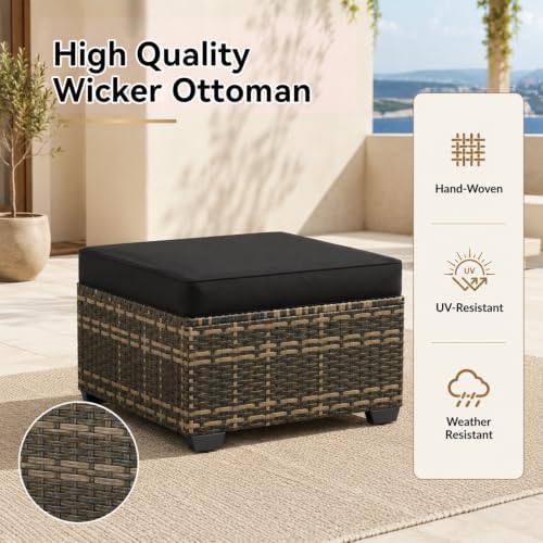 Aoxun 2 Piece Patio Sofa Ottomans with 4" Thick Cushions, Wicker Outdoor Couch Extension Set, All-Weather Rattan Seating Accessory for Backyard Furniture, Black - Image 4