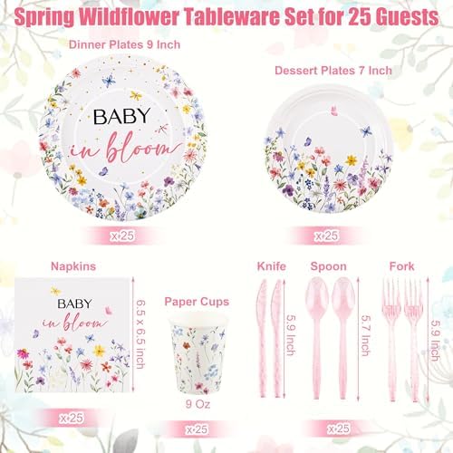 Kochorie 175 Pieces Wildflower Spring Floral Party Supplies Baby in Bloom Tableware Set 7 Inch & 9 Inch Paper Plates Napkins Cups Cutlery for Spring Picnic Baby Shower Decoration, Serve 25 Guests - Image 2