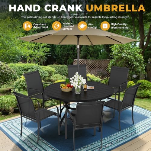 Incbruce 8 PCS Patio Dining Set with Brown Umbrella, Outdoor Dining Set of 6 Textilene Chairs and 53" Round Table with Umbrella Hole for Backyard, Garden, and Poolside (Black) - Image 6
