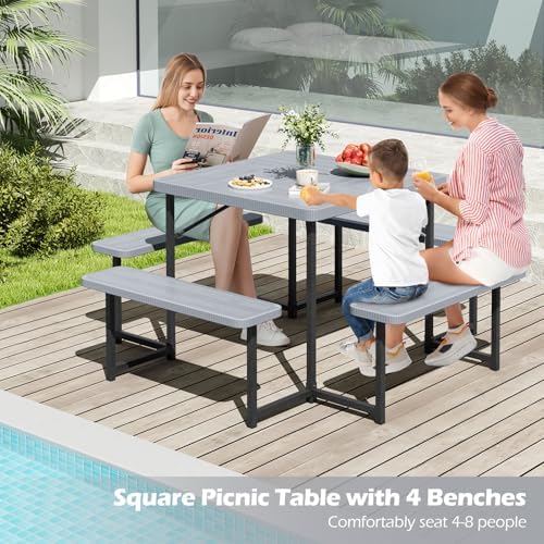 Tangkula 8 Person Square Picnic Table with 4 Built-in Benches - Image 6