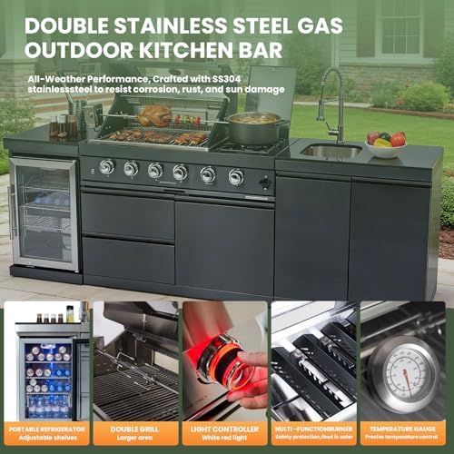 98" Rolling Outdoor Kitchen Island with Built-In 4 Burners 72,000 BTU Stainless Steel Gas Grill Featuring Rotisserie Oven,Granite Countertops,Beverage Fridge,Sink. (Black + Fridge + Sink, Propane Gas) - Image 5