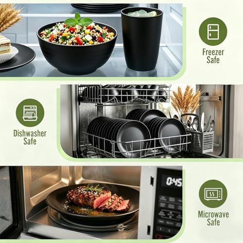 Kitchen Wheat Straw Dinnerware Set 40 PCS Black Dishware Sets for 8 Plastic Plates Reusable Dinner Plates Cereal Bowl Small Cups Dishwasher & Microwave Safe Unbreakable Dish Set for Picnic RV - Image 6