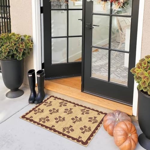 Front Door Mat Outside Entrance - 2x3 Floral Non-Slip Washable Doormat Indoor Outdoor Mat Jute-Look Farmhouse Burgundy Scalloped Entry Rug Small Throw Rugs for Entryway Front Porch Decor - Image 4