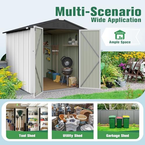 Flamaker 6x8 FT Storage Shed Waterproof Metal Garden Shed with Lockable Door Utility Tool Shed Outdoor Storage for Backyard, Patio and Lawn, White - Image 7