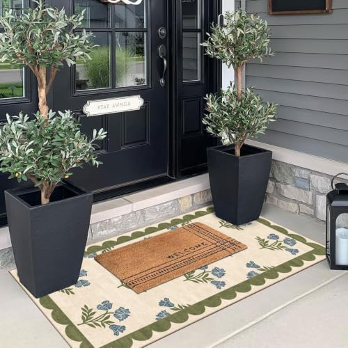 Front Door Mat Indoor Entrance - 2x4.3 Ft Floral Washable Layered Doormat Outdoor Entrance Porch Rug Non-Slip Sage Blue Boho Runner Rug for Kitchen Hallway Bedroom Laundry Room Porch Decor - Image 6