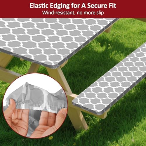 7ft 84in Picnic Table and Bench Cover, 3 Pack, Gray-White Moroccan - Image 4