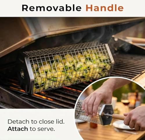 2 Pack Rolling Grill Basket – Stainless Steel Grilling Basket with Lid and Removable Wooden Handle – BBQ Accessories for Vegetables, Shrimp, Meat – Outdoor Cooking Gift for Dad or Husband – Otawe - Image 3